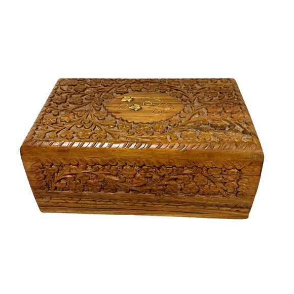 Vintage Carved Wood Nesting Boxes (3) Ornate Hinged Brass Inlay Stacking Jewelry - Picture 2 of 12